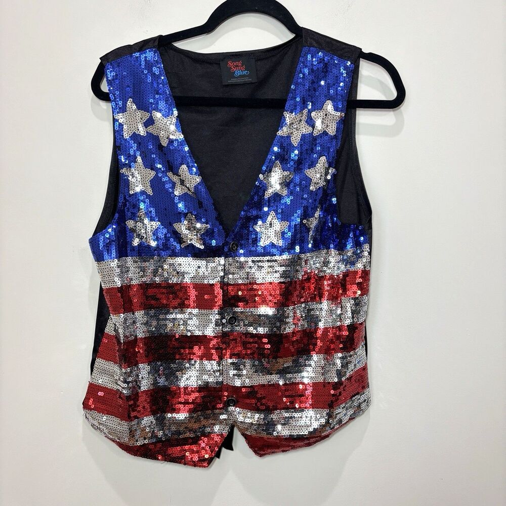 Song Sung Blue American Flag Sequin Vest Women M Patriotic Stars USA July 4th